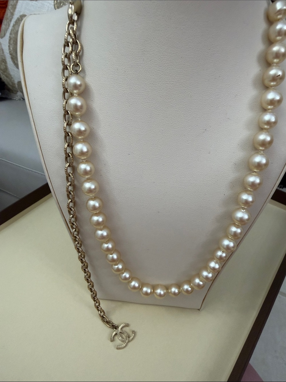 CHANEL Cream Pearls with Gold Chain & CC Charm Necklace
